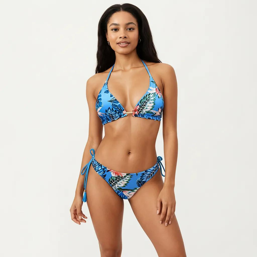 Anna-Kaci Women's 2-Piece Halter Bikini Set with Tropical Print and Tie Side Bottom