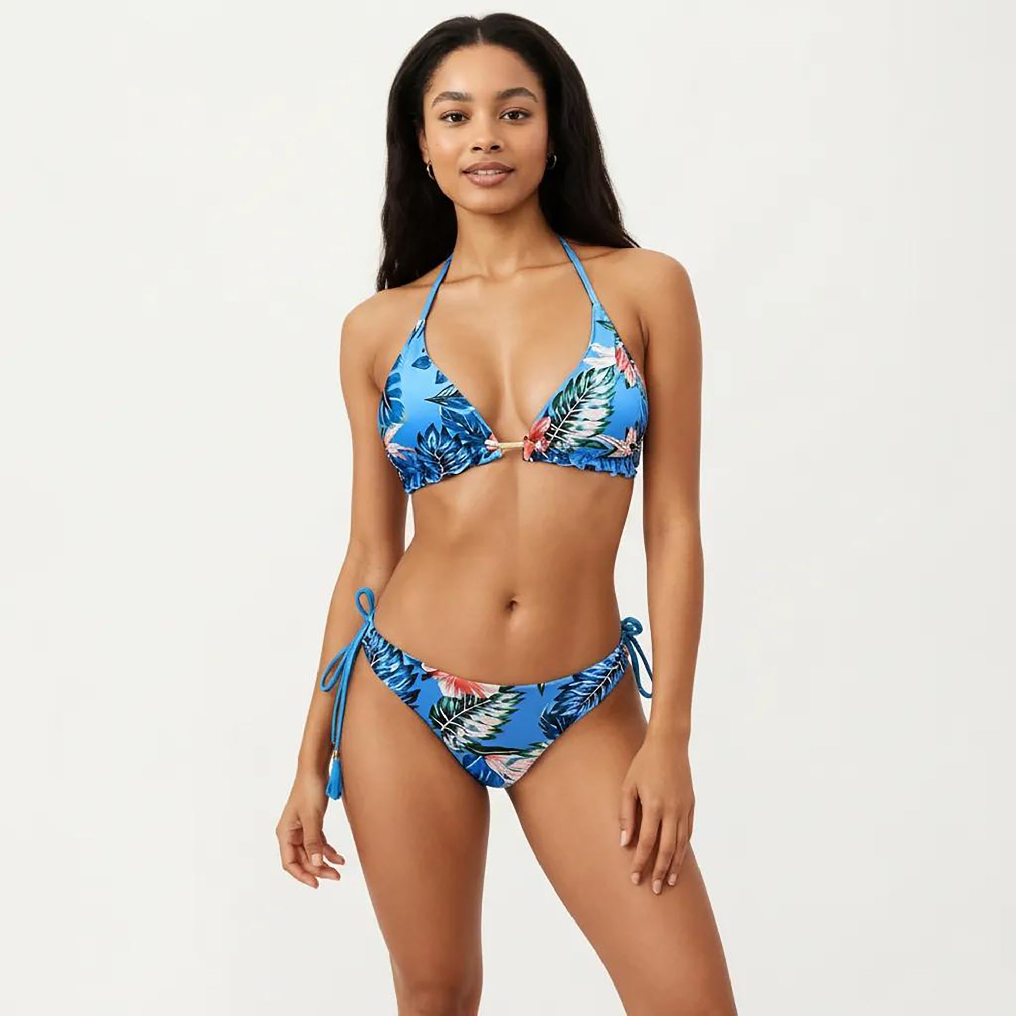 Anna-Kaci Women's 2-Piece Halter Bikini Set with Tropical Print and Tie Side Bottom