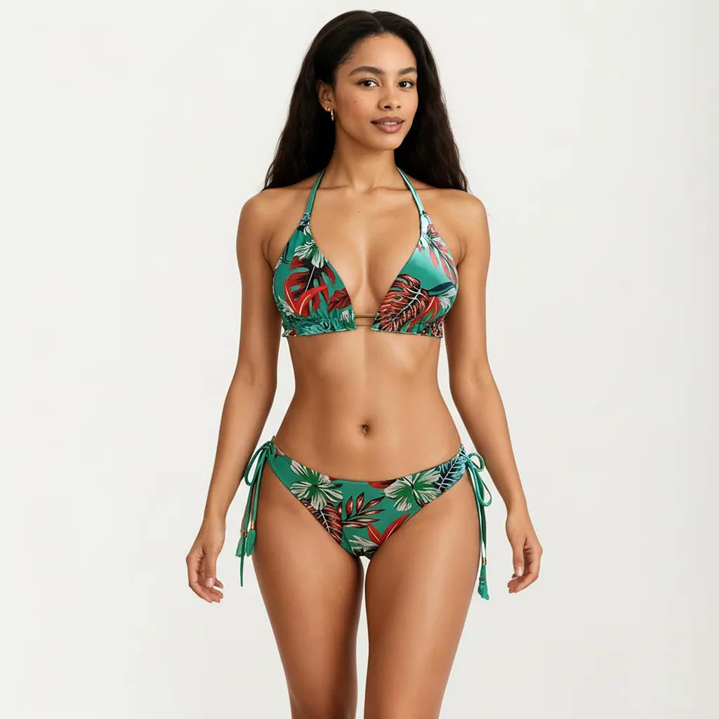 Anna-Kaci Women's 2-Piece Halter Bikini Set with Tropical Print and Tie Side Bottom