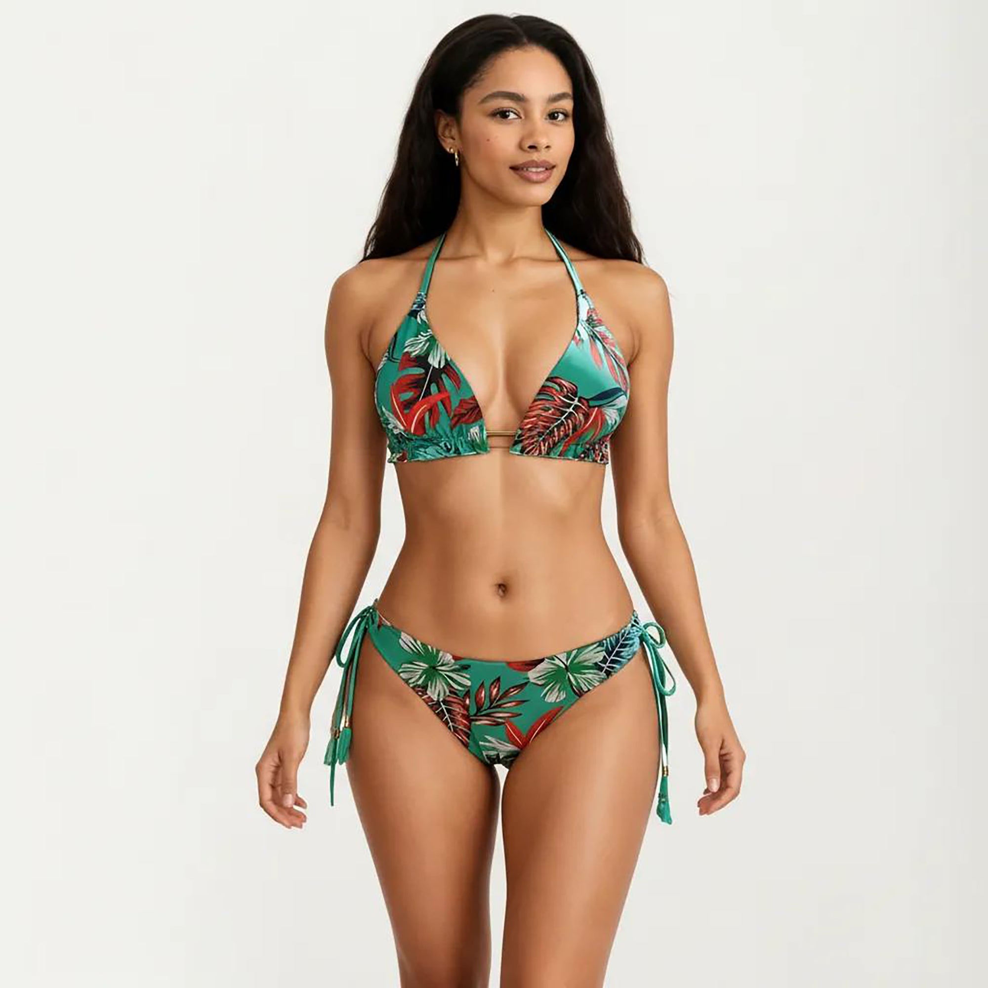Anna-Kaci Women's 2-Piece Halter Bikini Set with Tropical Print and Tie Side Bottom