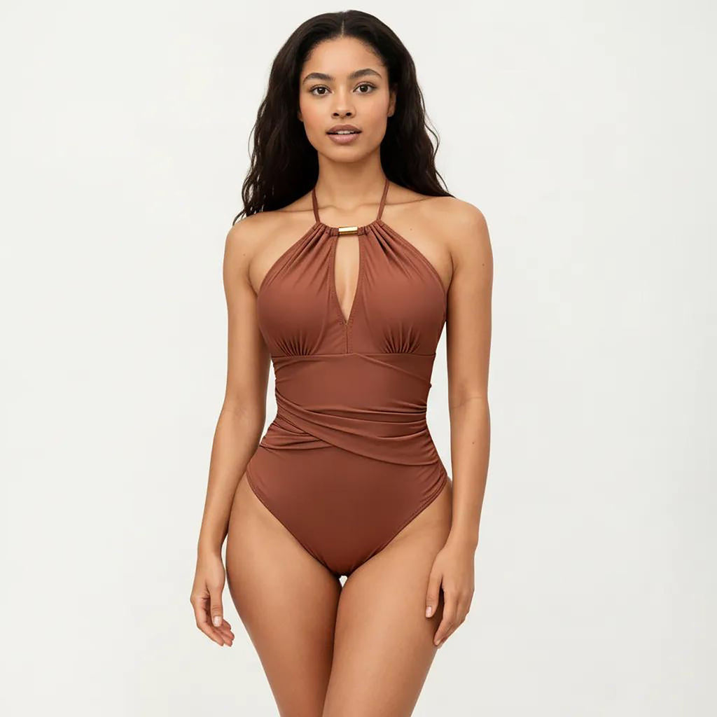 Anna-Kaci Women's One Piece Halter Swimsuit with Keyhole Neckline and Twist Waist Detail