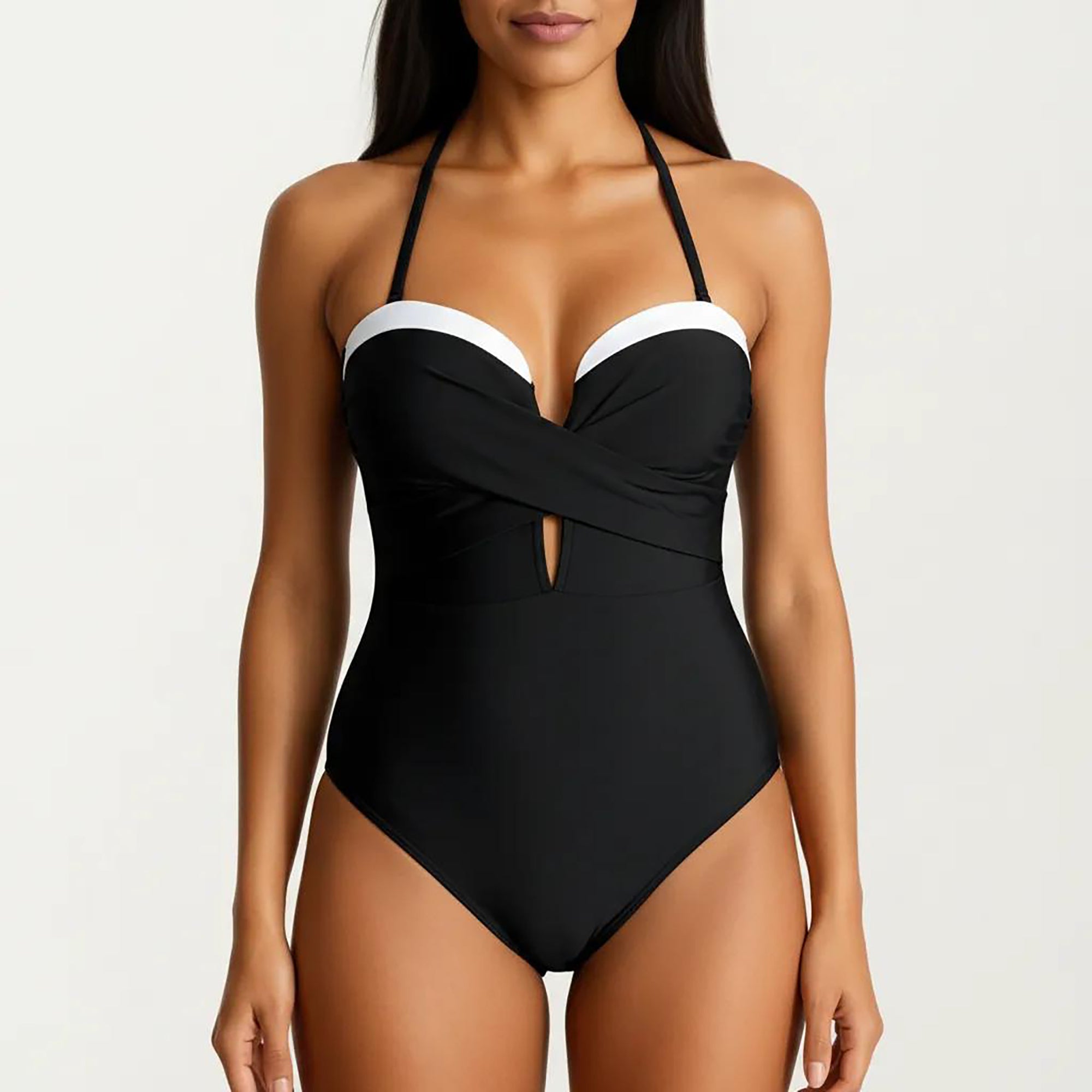 Anna-Kaci Women's One Piece Halter Swimsuit with Twist Front Bodice and Contrast Trim Detail