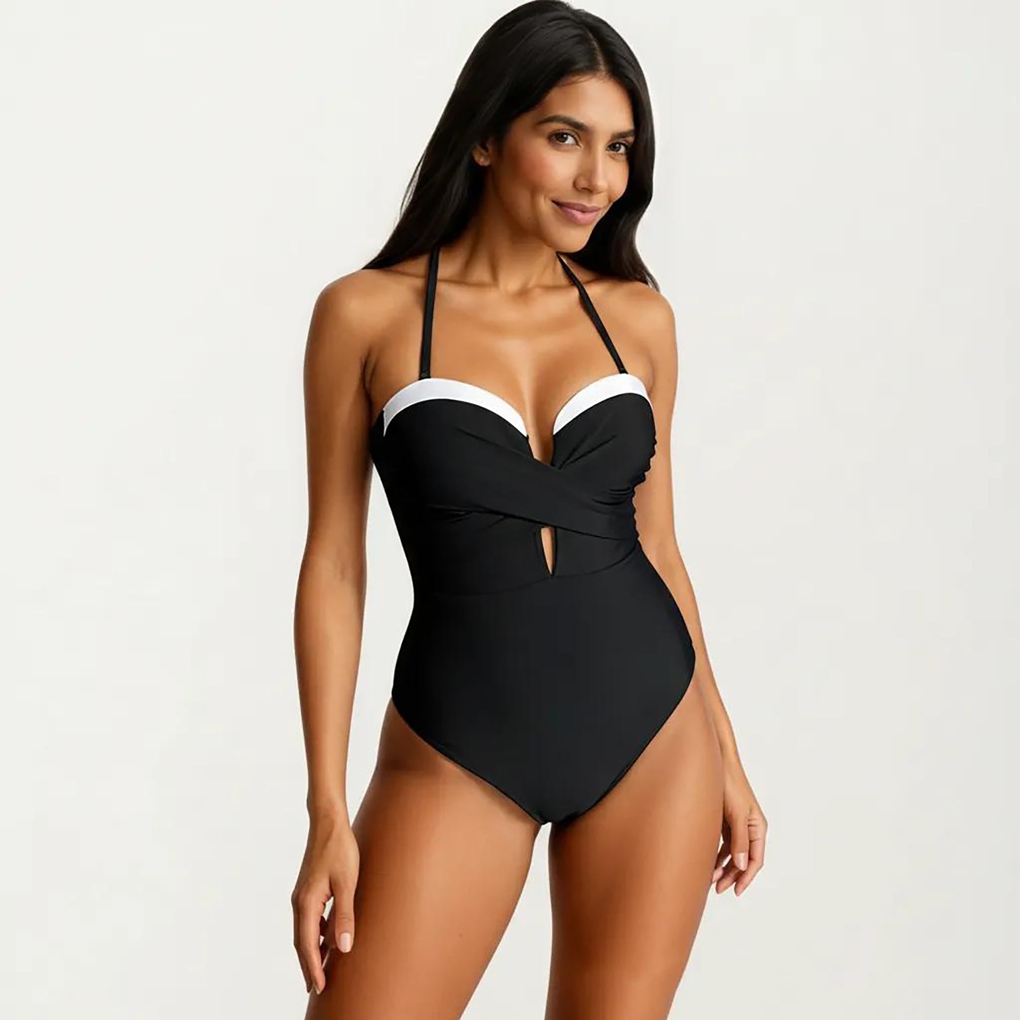 Anna-Kaci Women's One Piece Halter Swimsuit with Twist Front Bodice and Contrast Trim Detail