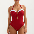 Anna-Kaci Women's One Piece Halter Swimsuit with Twist Front Bodice and Contrast Trim Detail