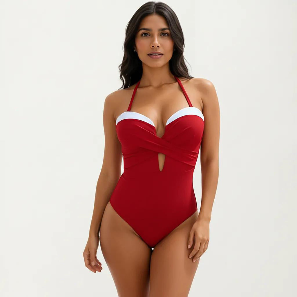 Anna-Kaci Women's One Piece Halter Swimsuit with Twist Front Bodice and Contrast Trim Detail