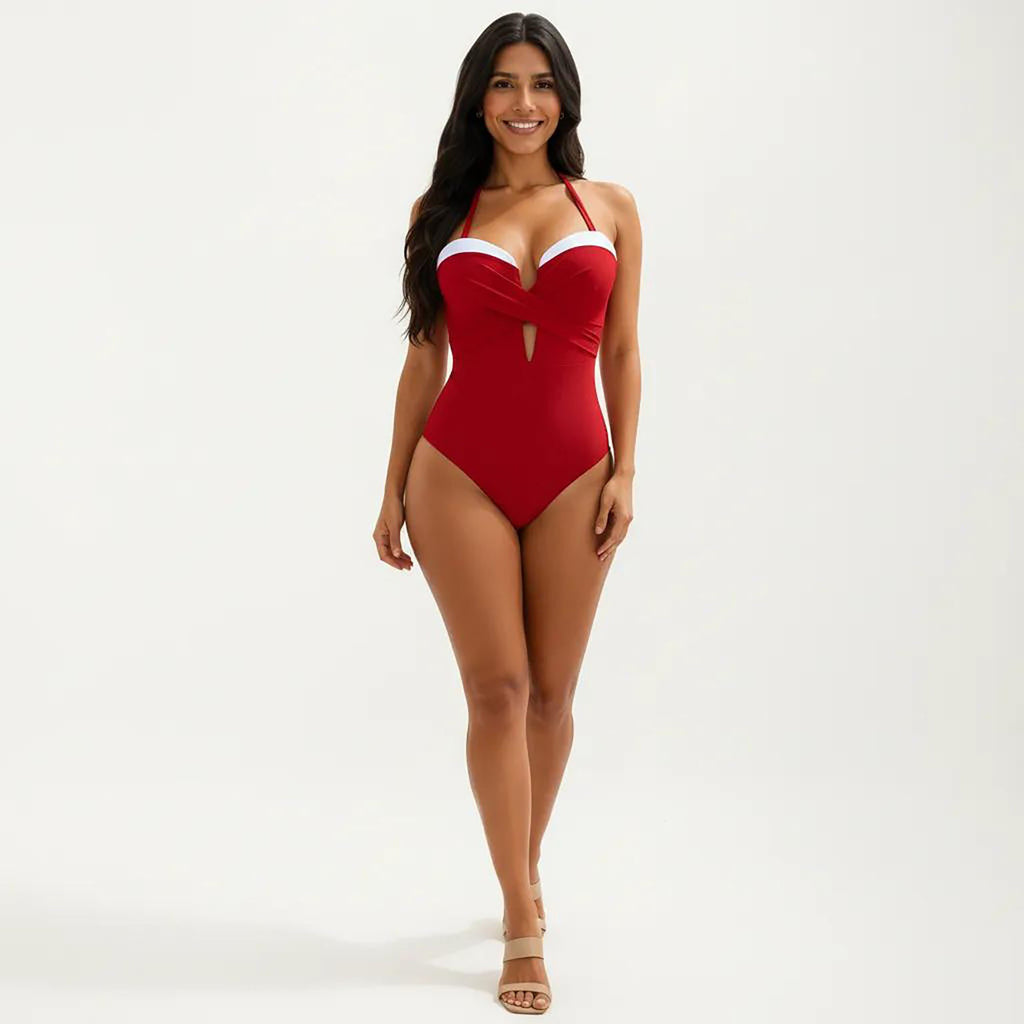 Anna-Kaci Women's One Piece Halter Swimsuit with Twist Front Bodice and Contrast Trim Detail