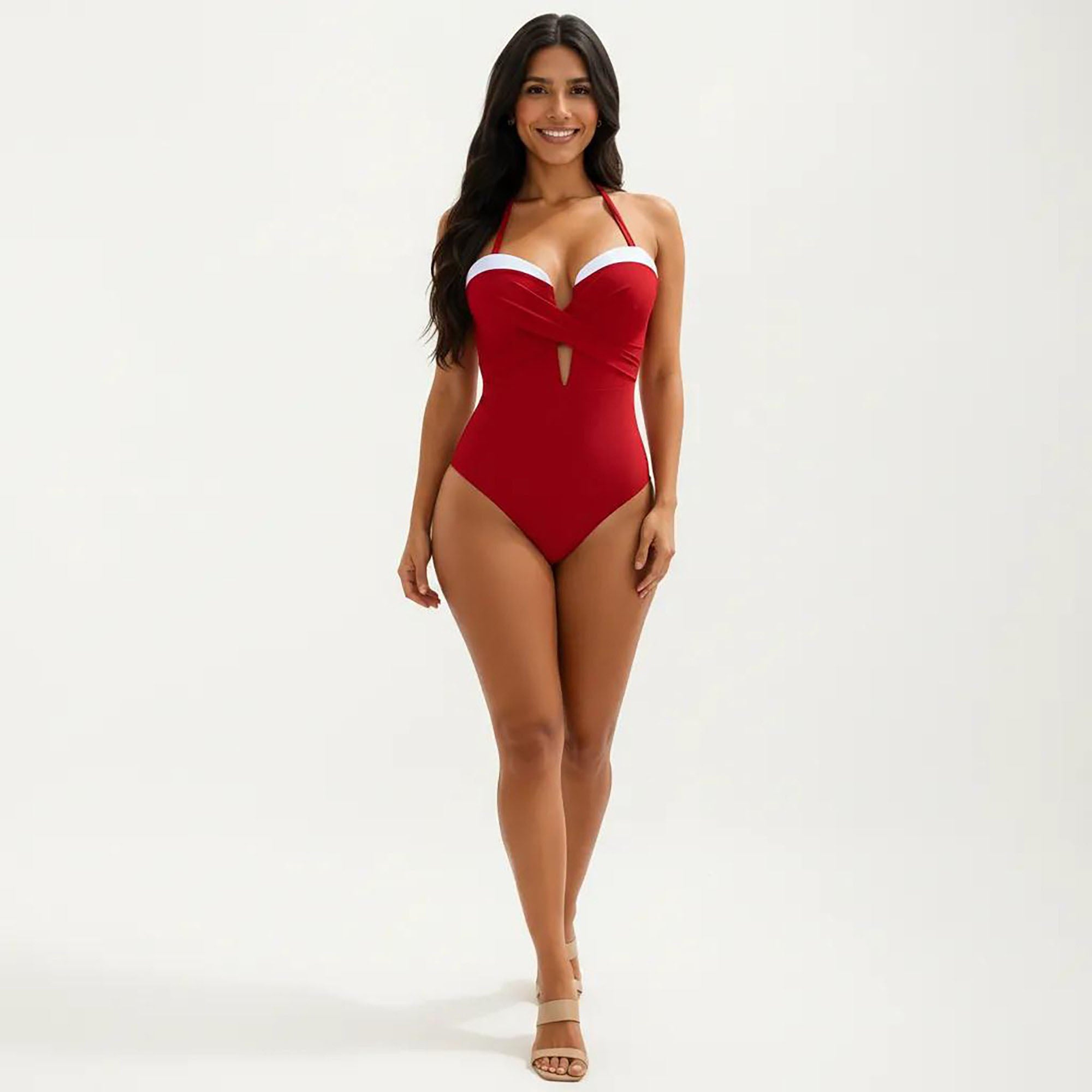 Anna-Kaci Women's One Piece Halter Swimsuit with Twist Front Bodice and Contrast Trim Detail