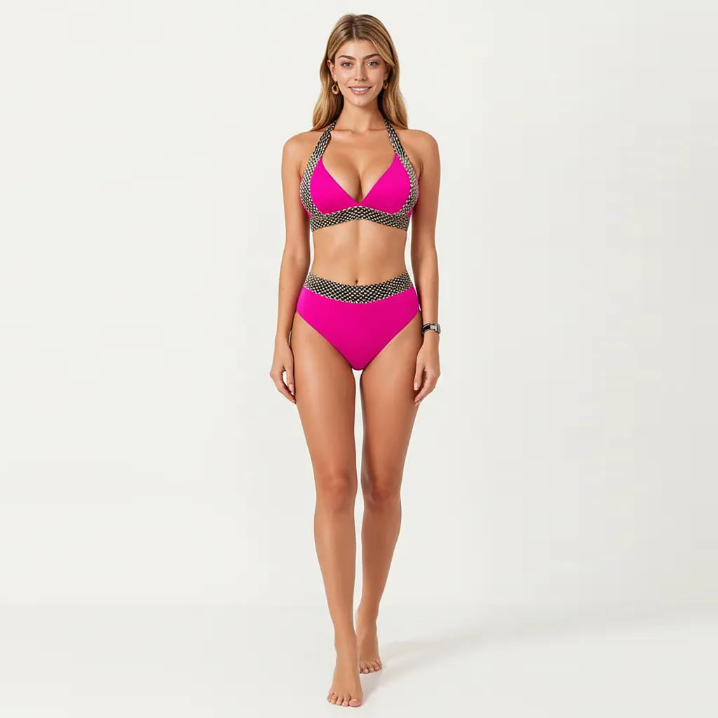 Anna-Kaci Women's 2-Piece High Waisted Bikini Set with Halter Top and Textured Trim Detail