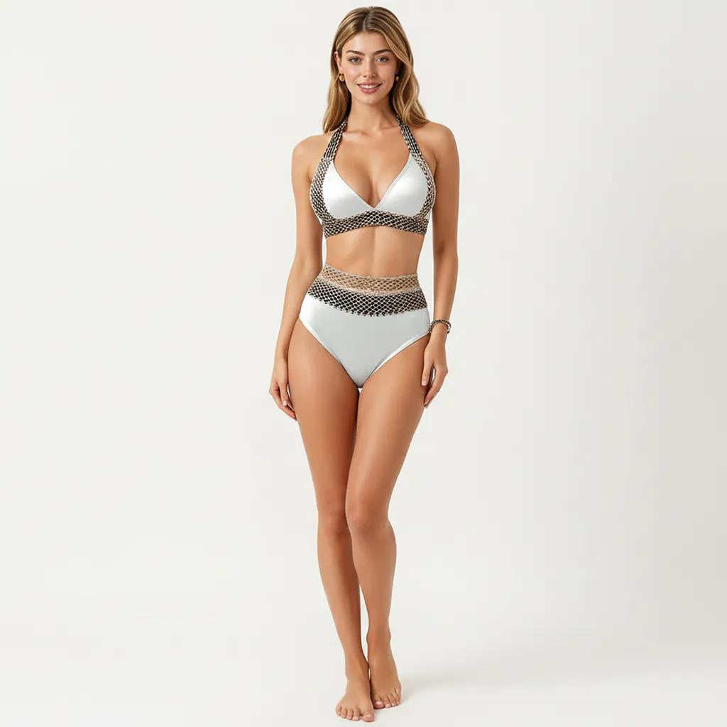 Anna-Kaci Women's 2-Piece High Waisted Bikini Set with Halter Top and Textured Trim Detail