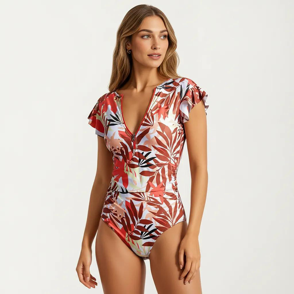 Anna-Kaci Women's One Piece Swimsuit with Flutter Sleeves and Half Zip V Neck Design