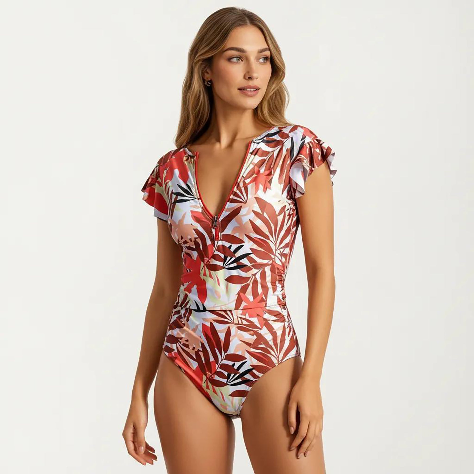 Anna-Kaci Women's One Piece Swimsuit with Flutter Sleeves and Half Zip V Neck Design