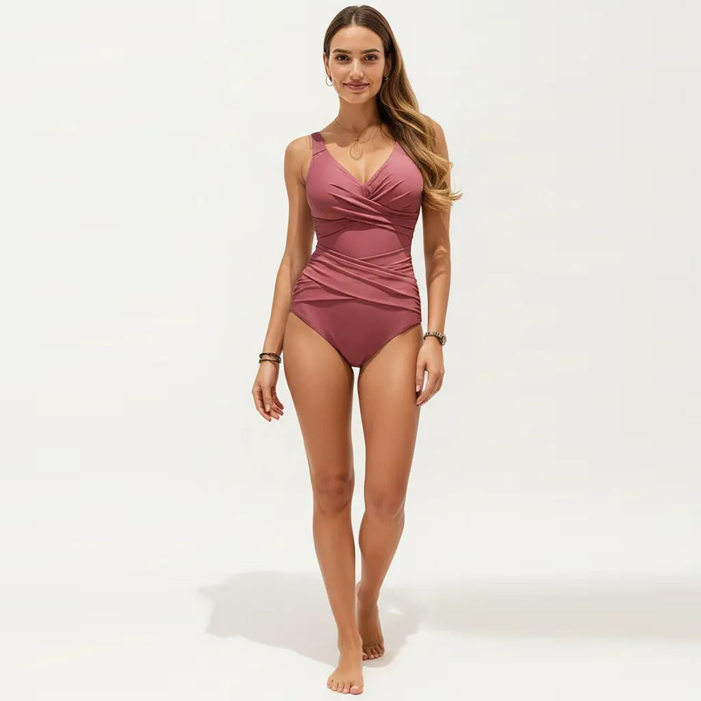 Anna-Kaci Women's One Piece Swimsuit with Surplice V Neck and Ruched Crossover Waist Detail