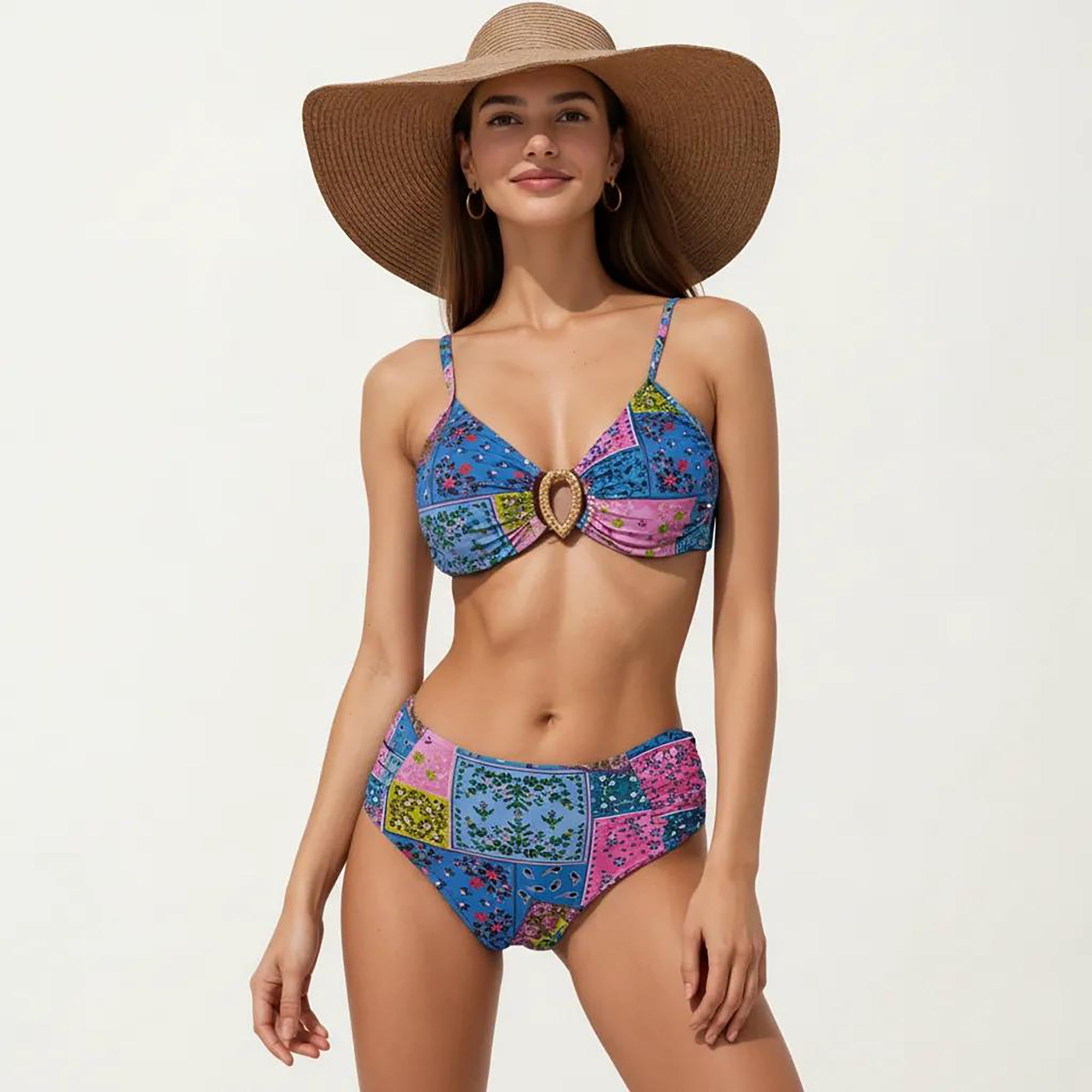 Anna-Kaci Women's 2-Piece High Waisted Bikini Set with Ring Detail Top and Patchwork Print