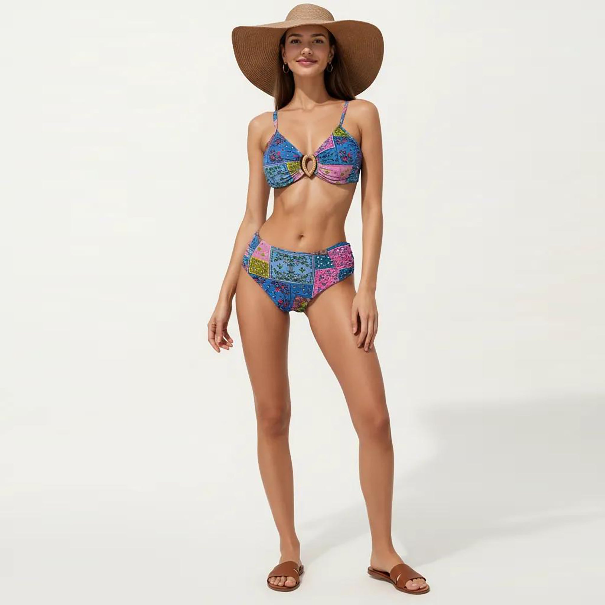 Anna-Kaci Women's 2-Piece High Waisted Bikini Set with Ring Detail Top and Patchwork Print