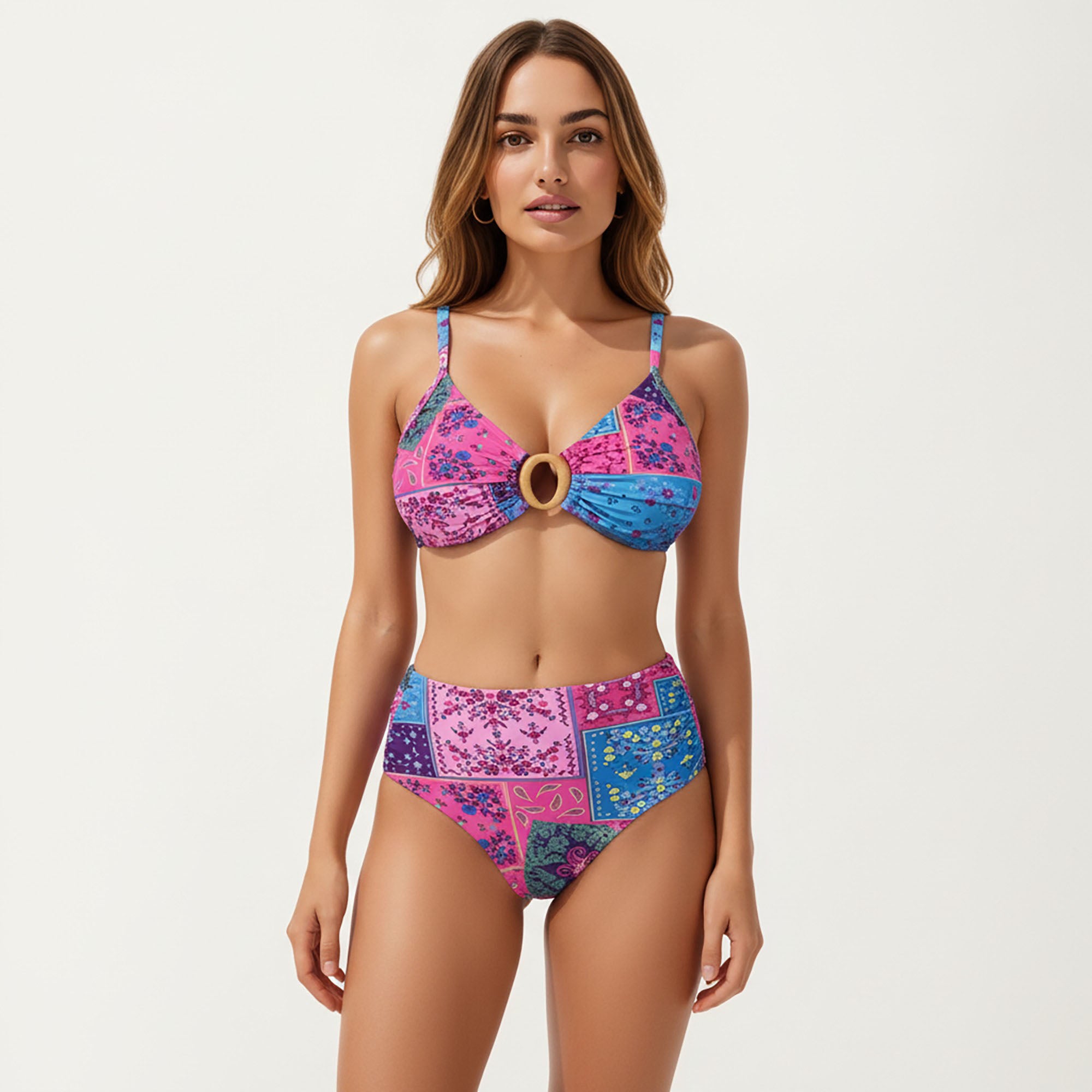 Anna-Kaci Women's 2-Piece High Waisted Bikini Set with Ring Detail Top and Patchwork Print
