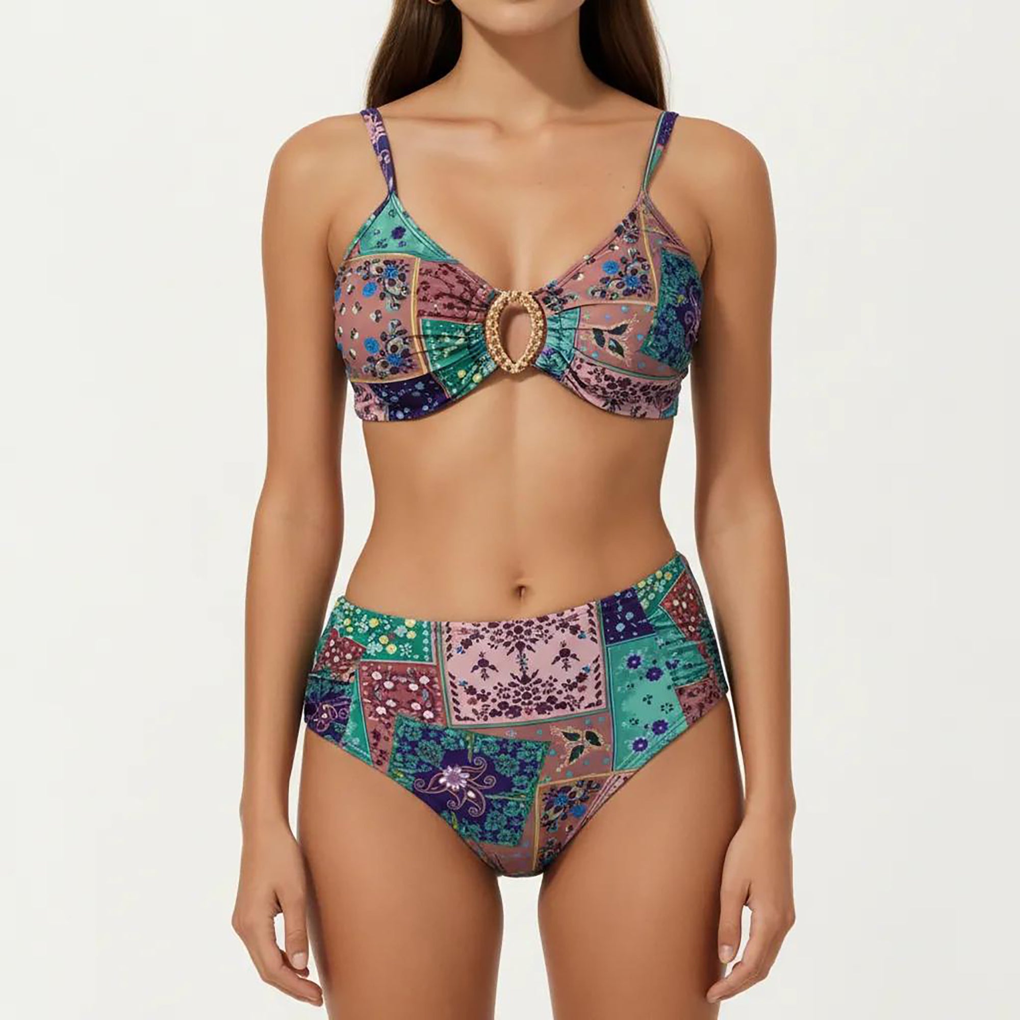 Anna-Kaci Women's 2-Piece High Waisted Bikini Set with Ring Detail Top and Patchwork Print