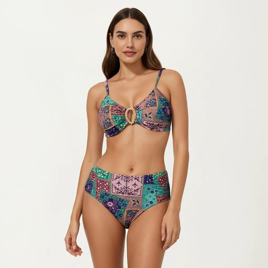 Anna-Kaci Women's 2-Piece High Waisted Bikini Set with Ring Detail Top and Patchwork Print