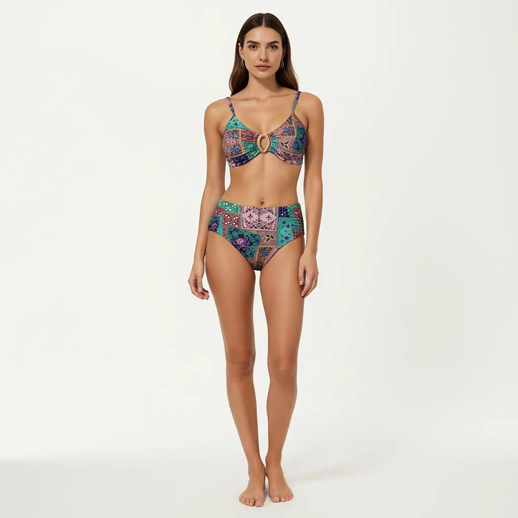 Anna-Kaci Women's 2-Piece High Waisted Bikini Set with Ring Detail Top and Patchwork Print