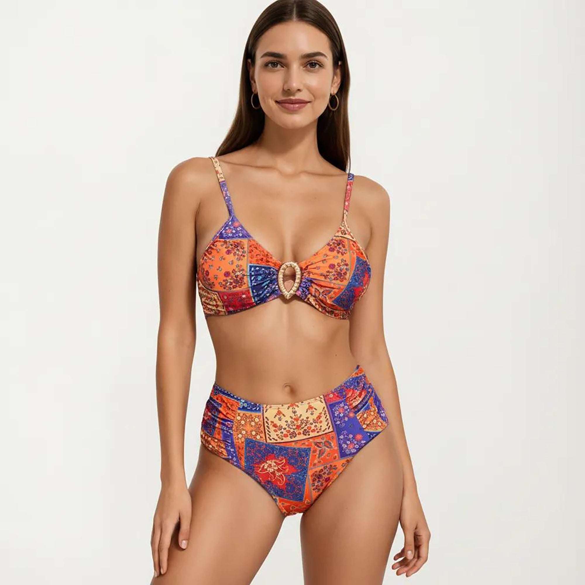 Anna-Kaci Women's 2-Piece High Waisted Bikini Set with Ring Detail Top and Patchwork Print