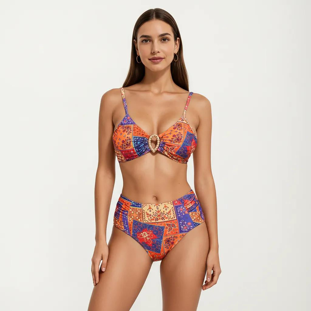Anna-Kaci Women's 2-Piece High Waisted Bikini Set with Ring Detail Top and Patchwork Print