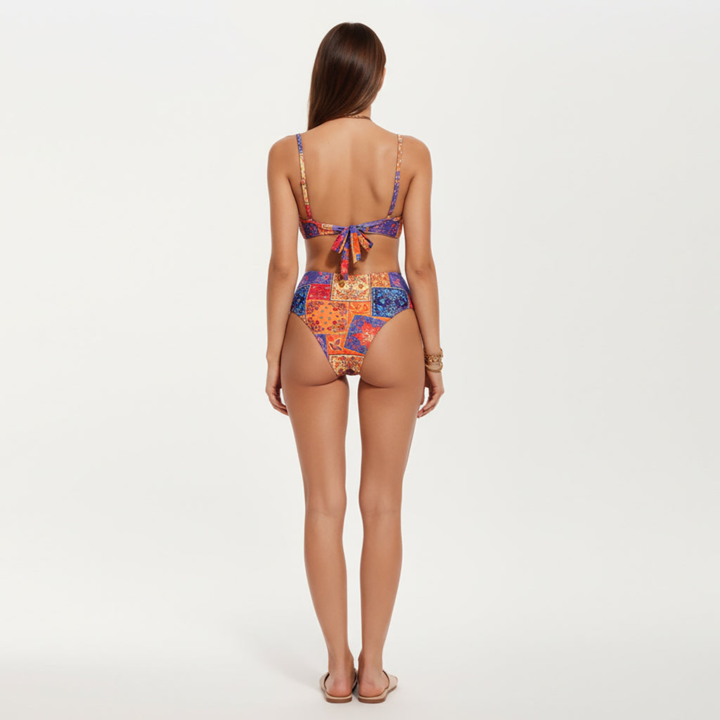 Anna-Kaci Women's 2-Piece High Waisted Bikini Set with Ring Detail Top and Patchwork Print