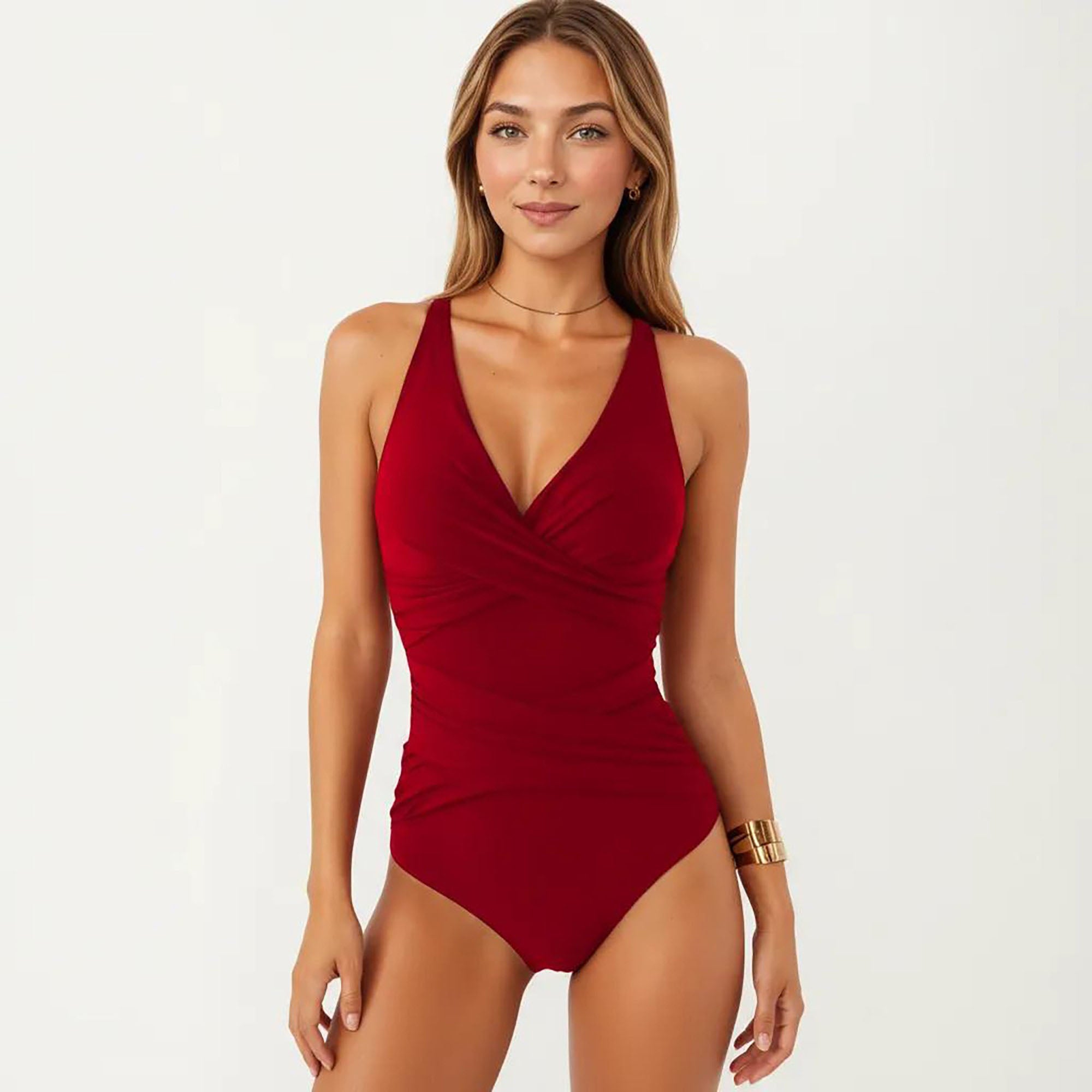 Anna-Kaci Women's One Piece Swimsuit with Surplice V Neckline and Ruched Waist Shaping Detail
