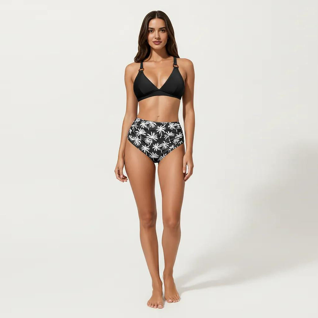 Anna-Kaci Women's 2-Piece High Waisted Bikini Set with Ring Strap Top and Palm Print Bottom