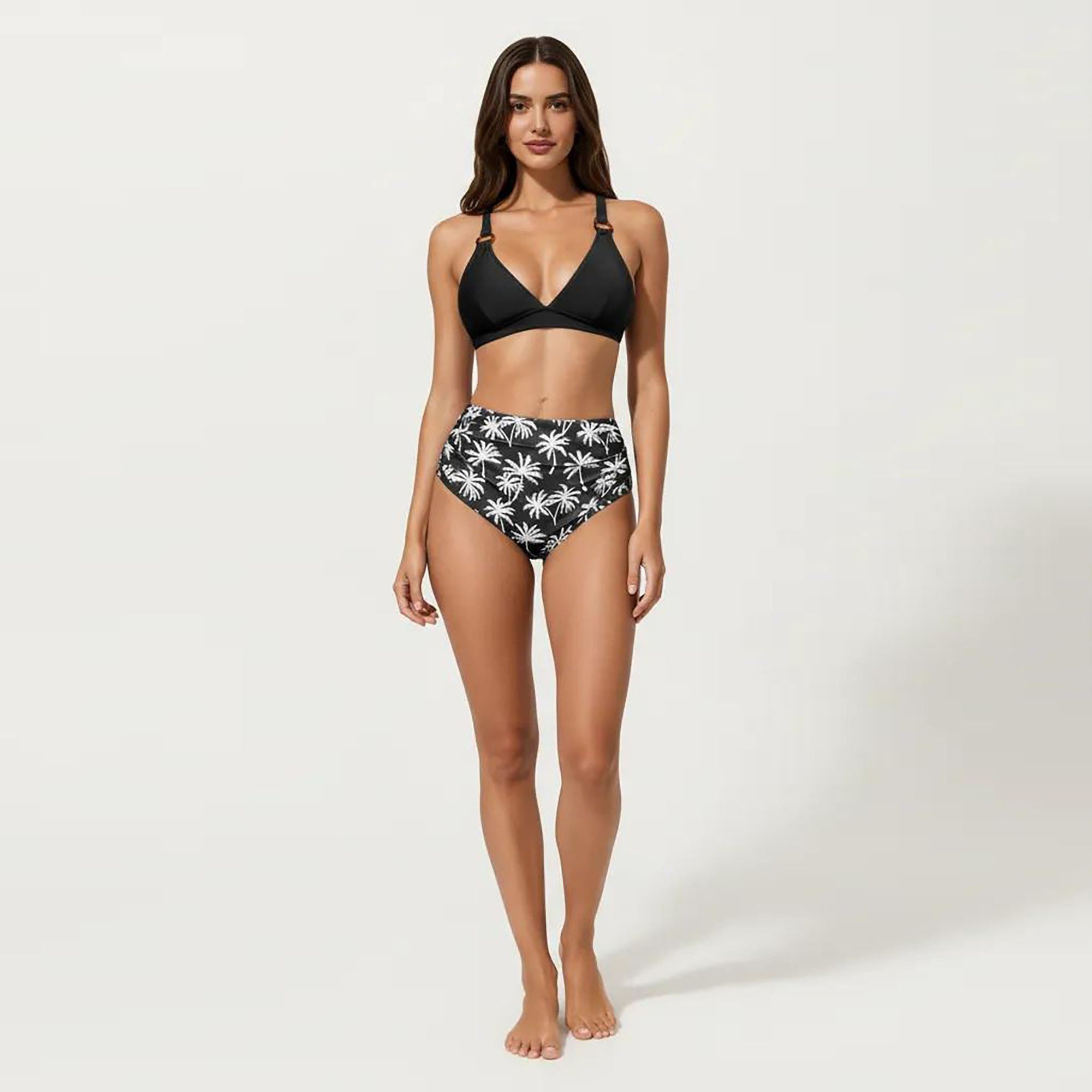 Anna-Kaci Women's 2-Piece High Waisted Bikini Set with Ring Strap Top and Palm Print Bottom