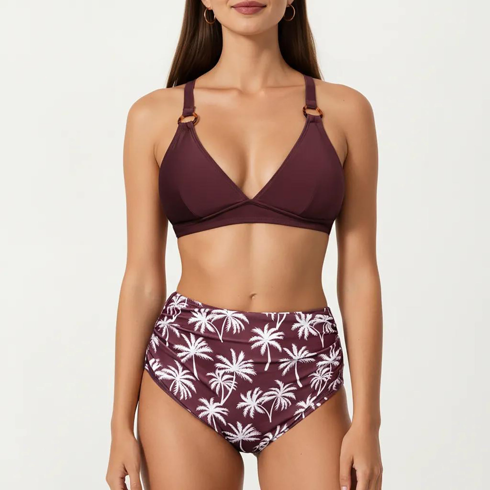 Anna-Kaci Women's 2-Piece High Waisted Bikini Set with Ring Strap Top and Palm Print Bottom