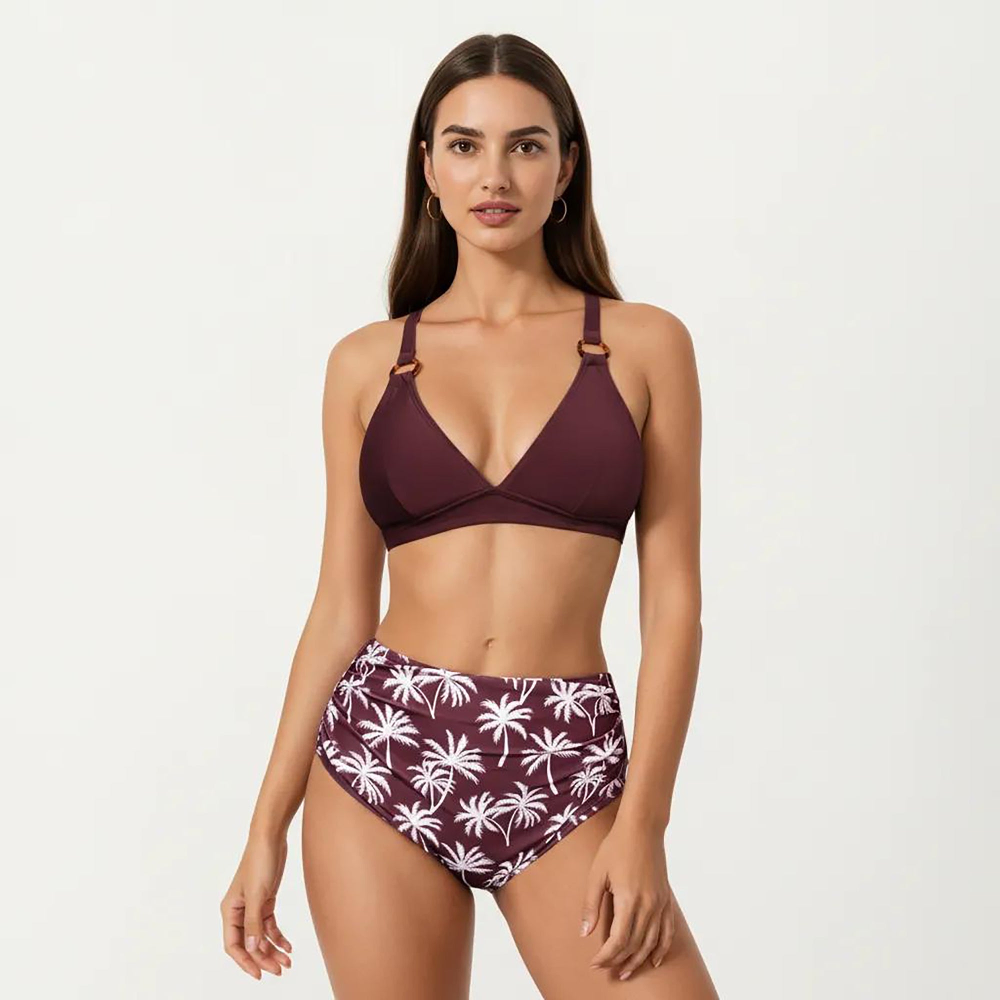 Anna-Kaci Women's 2-Piece High Waisted Bikini Set with Ring Strap Top and Palm Print Bottom