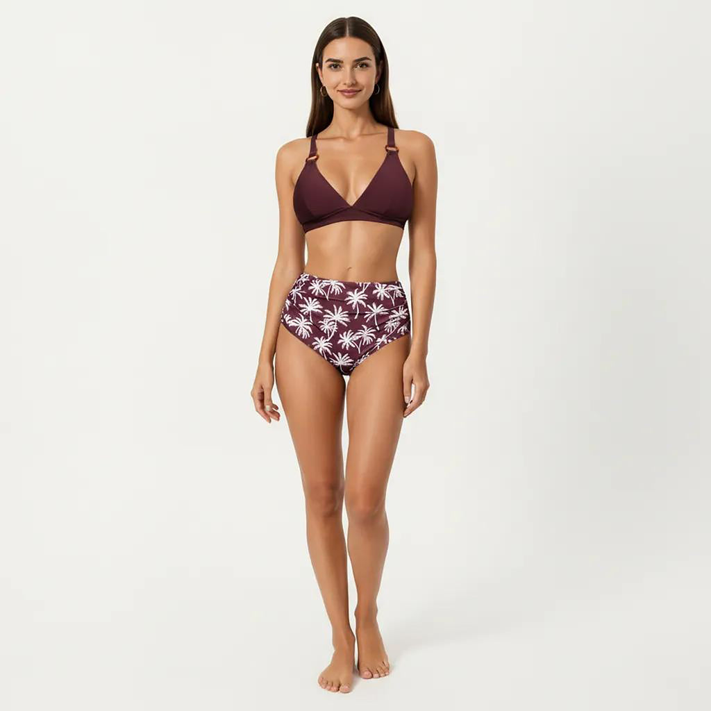 Anna-Kaci Women's 2-Piece High Waisted Bikini Set with Ring Strap Top and Palm Print Bottom
