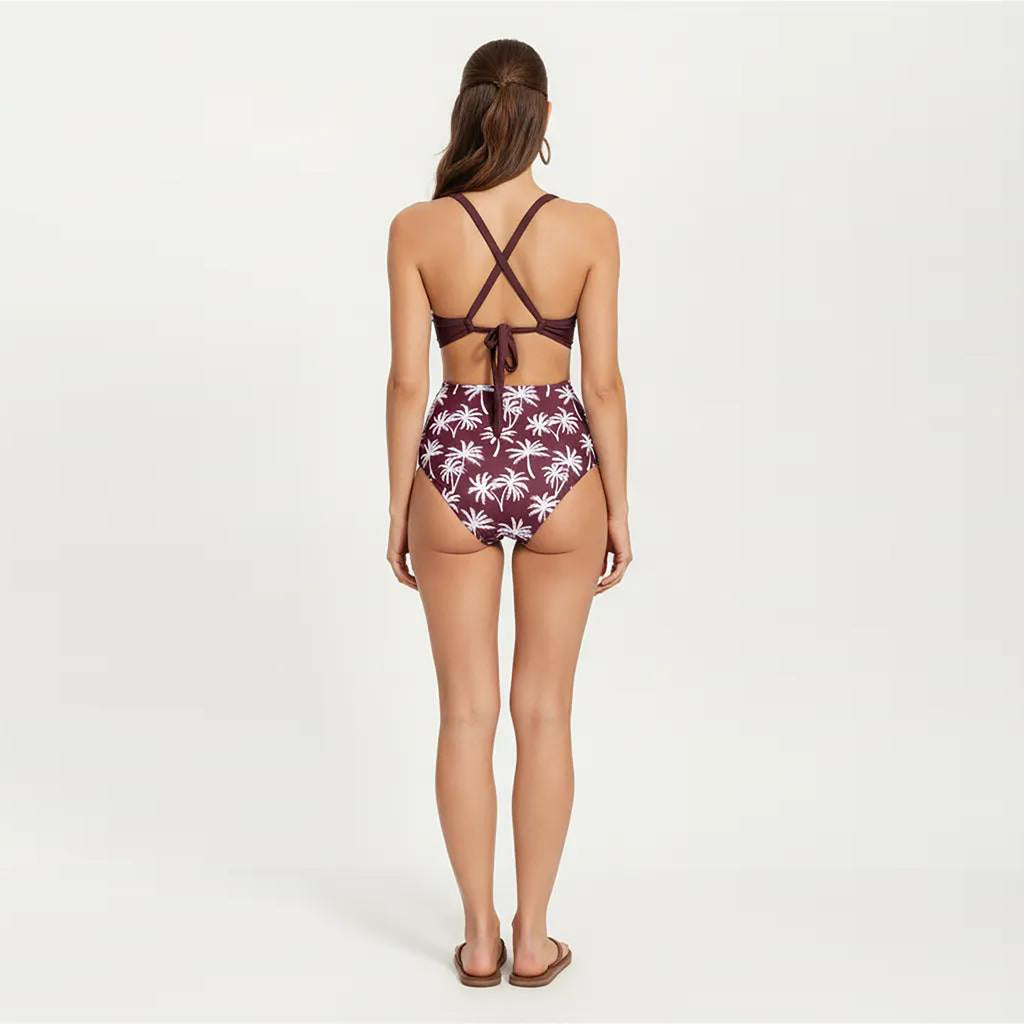 Anna-Kaci Women's 2-Piece High Waisted Bikini Set with Ring Strap Top and Palm Print Bottom