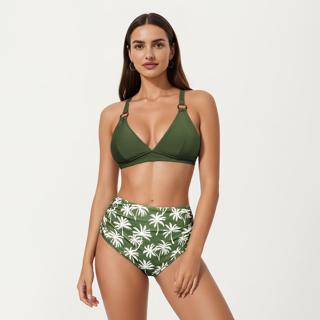 Anna-Kaci Women's 2-Piece High Waisted Bikini Set with Ring Strap Top and Palm Print Bottom
