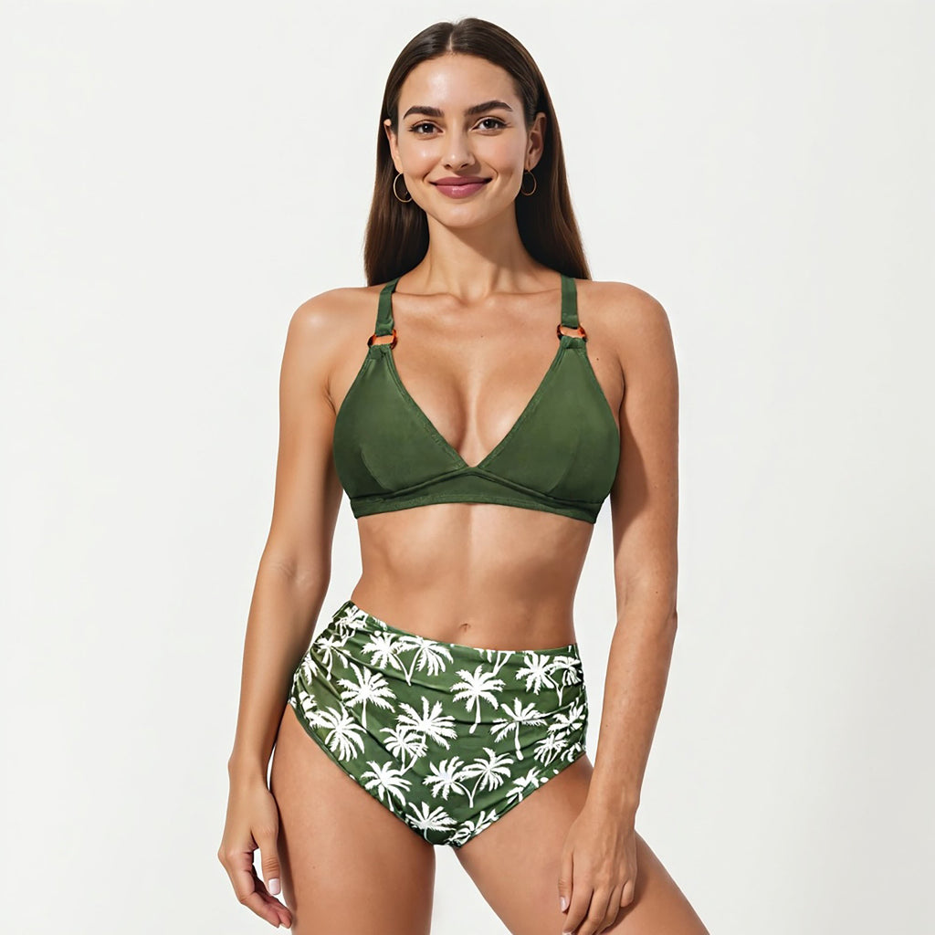 Anna-Kaci Women's 2-Piece High Waisted Bikini Set with Ring Strap Top and Palm Print Bottom