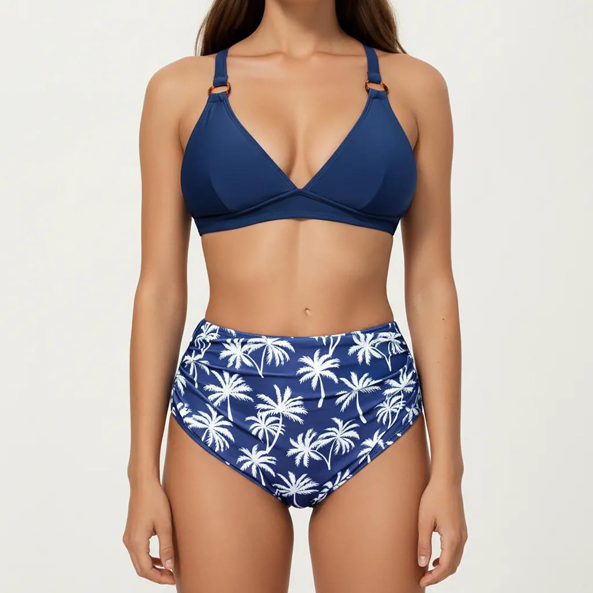 Anna-Kaci Women's 2-Piece High Waisted Bikini Set with Ring Strap Top and Palm Print Bottom