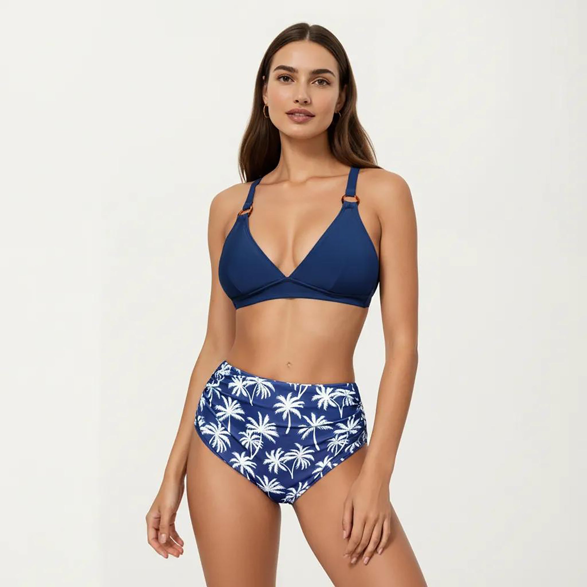Anna-Kaci Women's 2-Piece High Waisted Bikini Set with Ring Strap Top and Palm Print Bottom