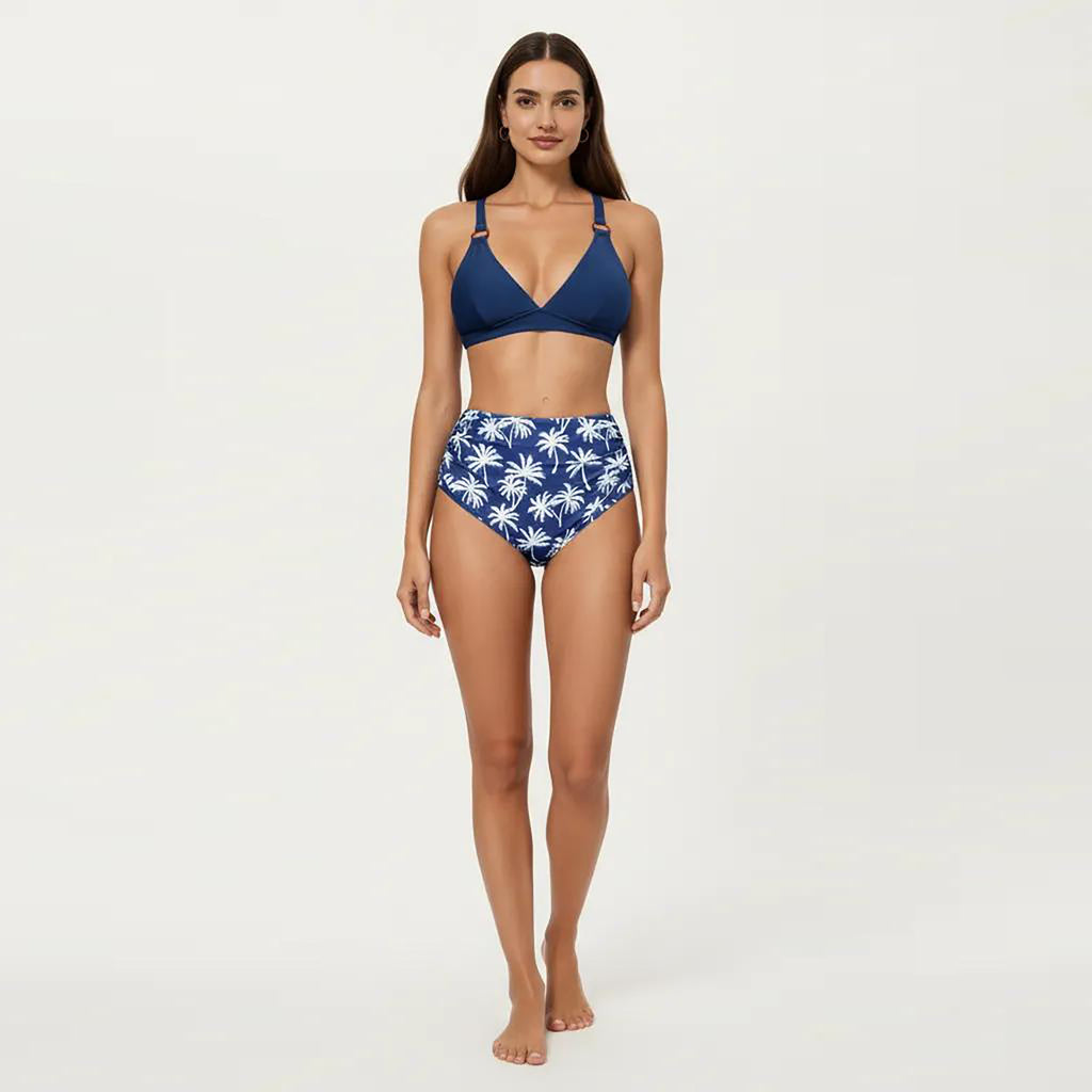 Anna-Kaci Women's 2-Piece High Waisted Bikini Set with Ring Strap Top and Palm Print Bottom