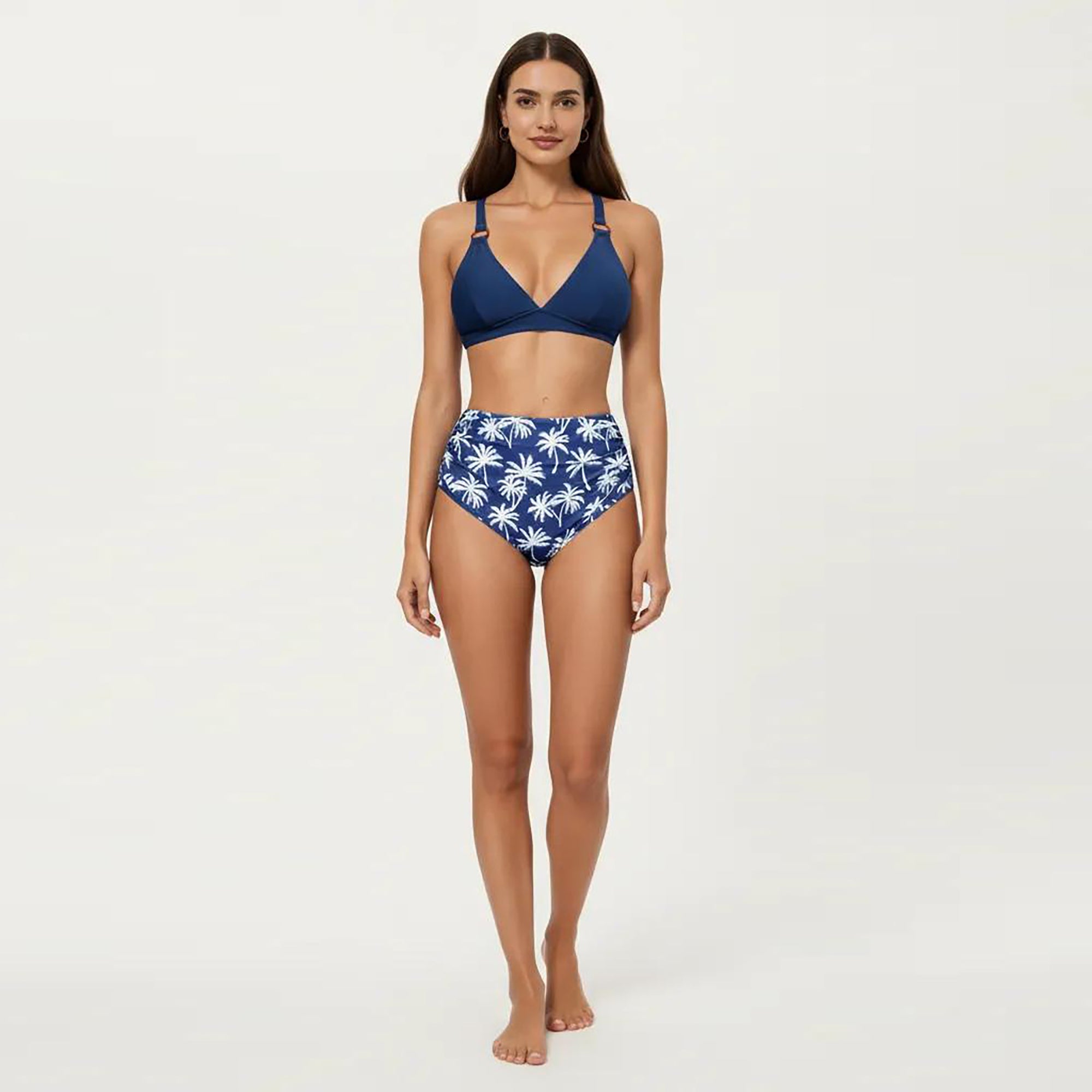 Anna-Kaci Women's 2-Piece High Waisted Bikini Set with Ring Strap Top and Palm Print Bottom