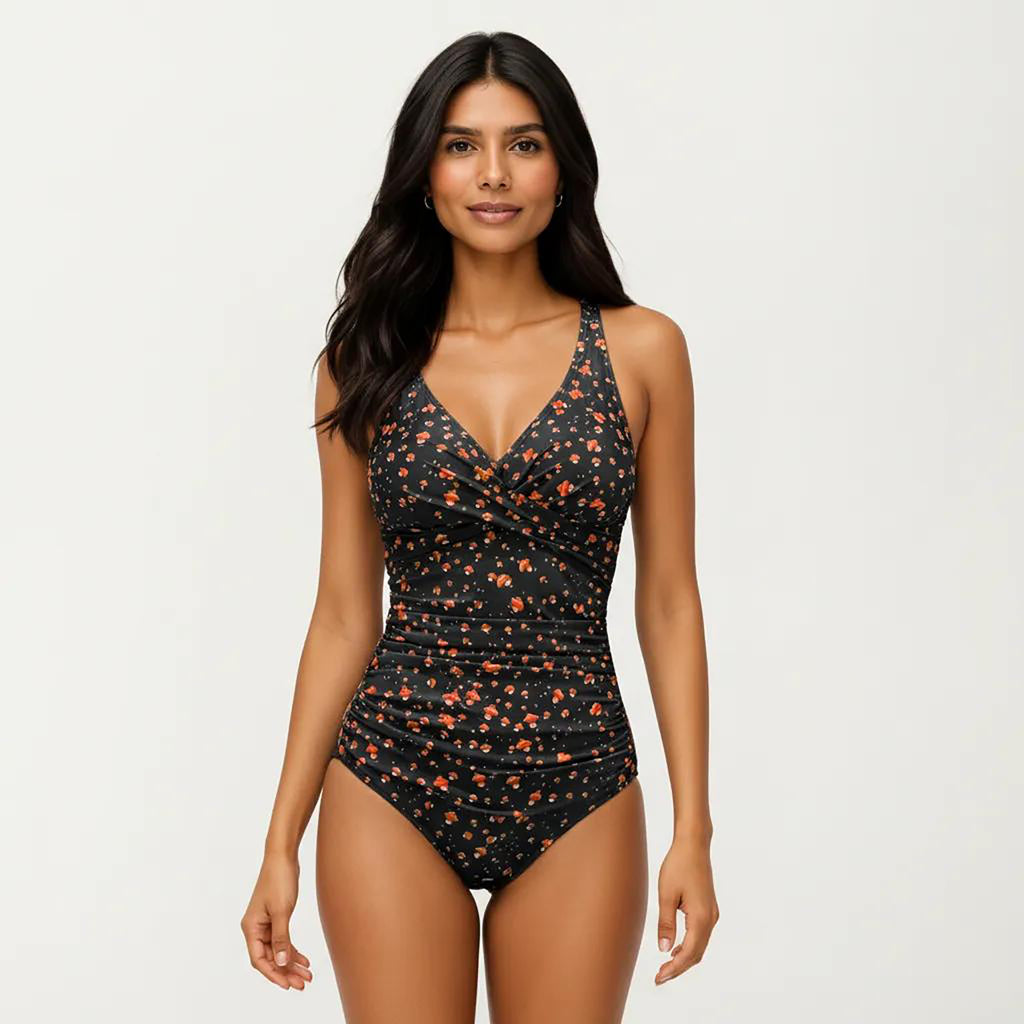 Anna-Kaci Women's Floral Print One Piece Swimsuit with Surplice V Neckline and Ruched Waist Detail