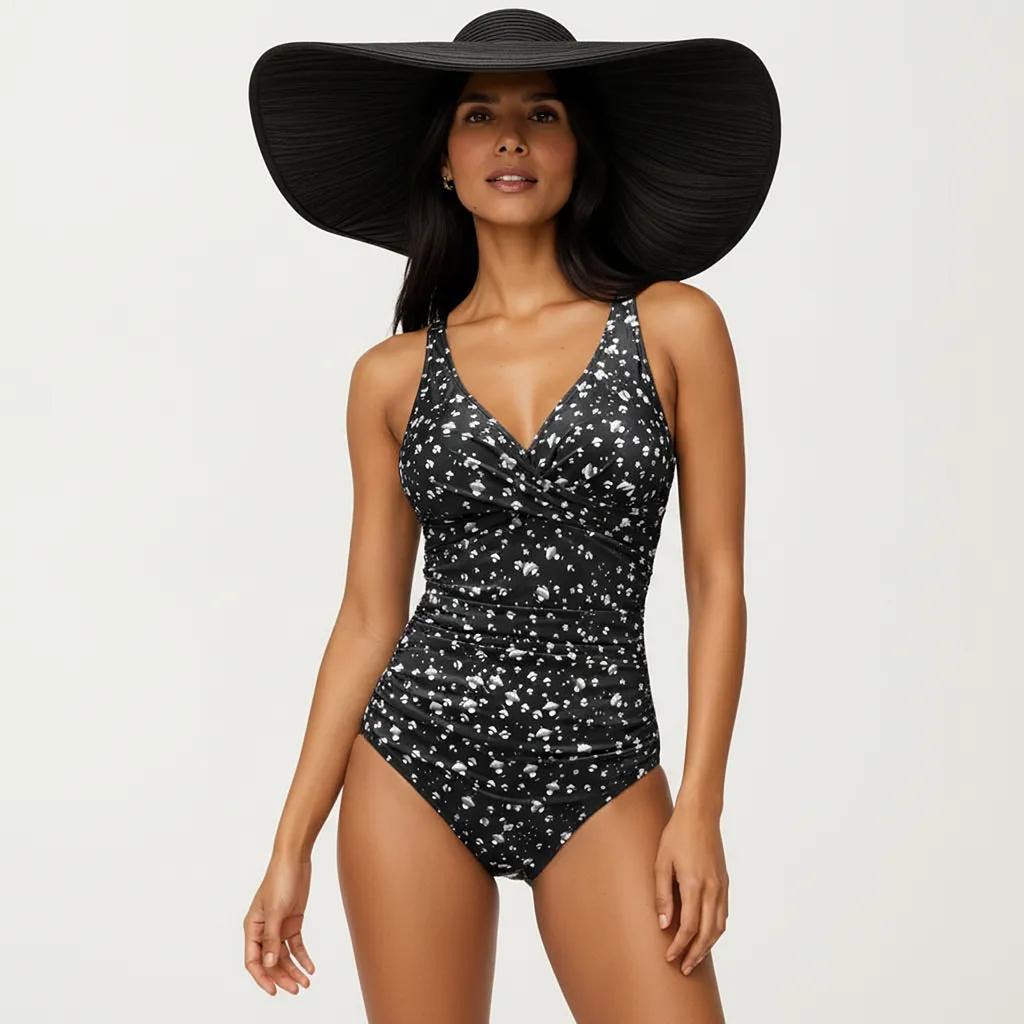 Anna-Kaci Women's Floral Print One Piece Swimsuit with Surplice V Neckline and Ruched Waist Detail