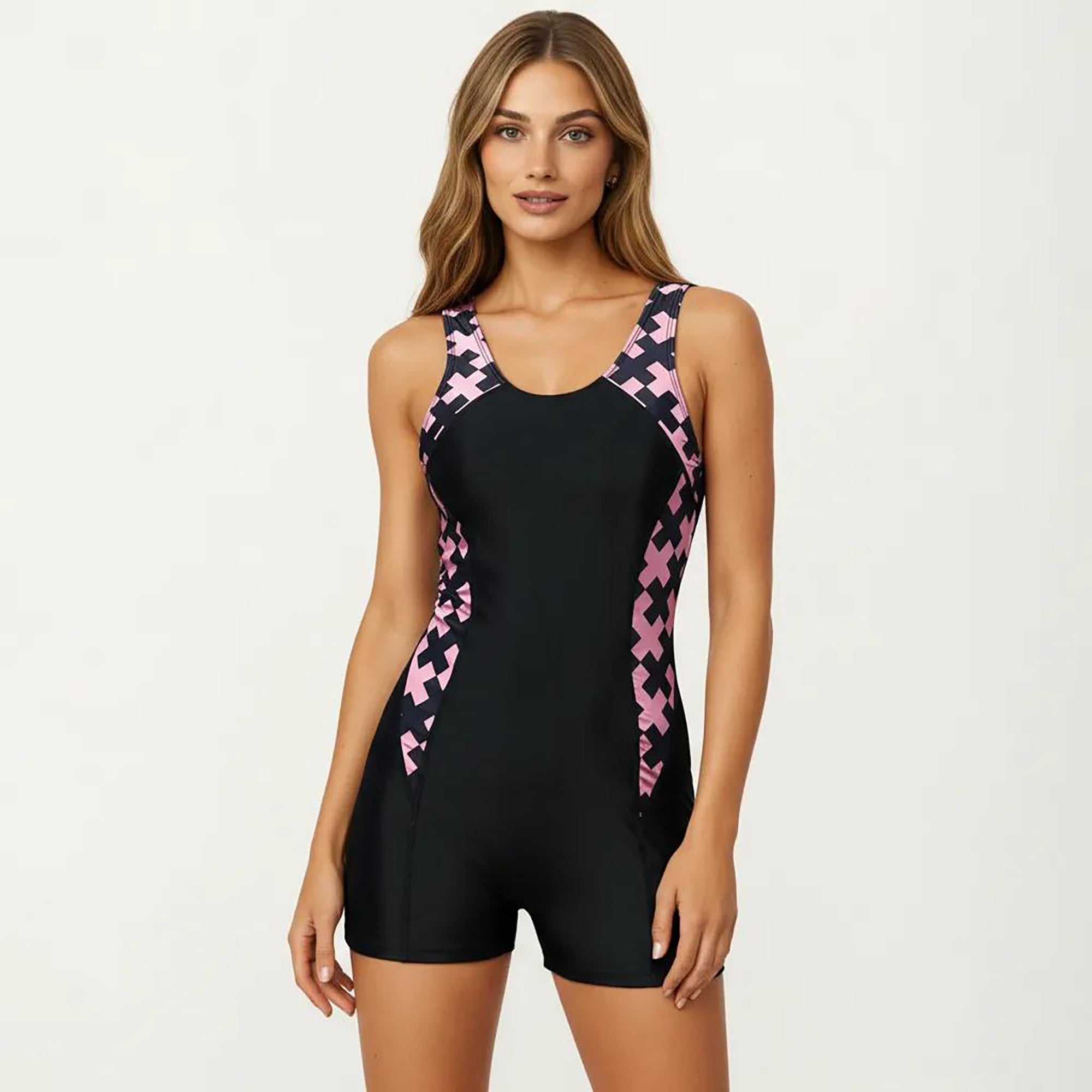 Anna-Kaci Women's One Piece Swim Romper with Scoop Neckline and Contrast Printed Side Panels