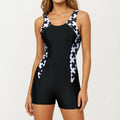Anna-Kaci Women's One Piece Swim Romper with Scoop Neckline and Contrast Printed Side Panels