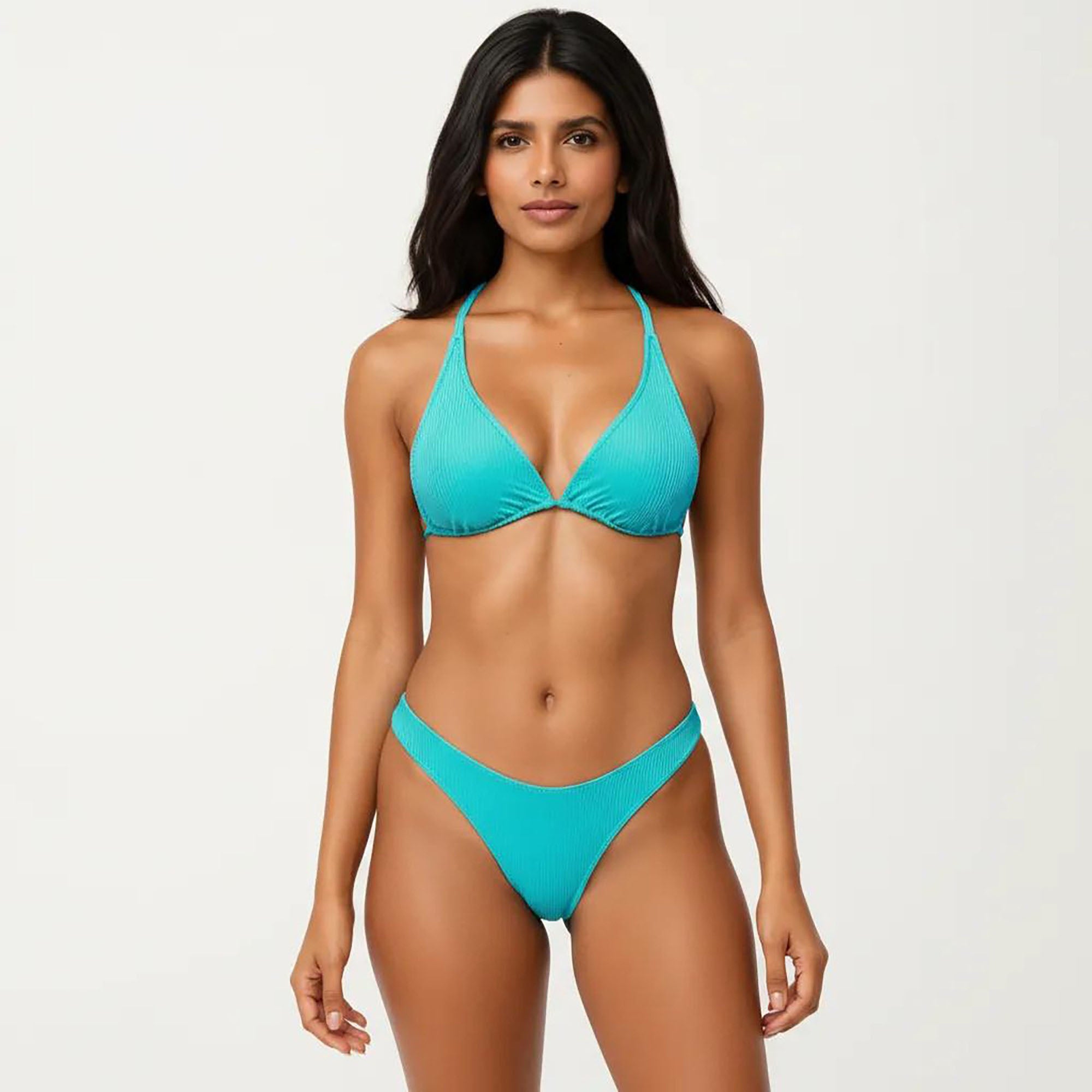 Anna-Kaci Women's 2-Piece Ribbed Triangle Bikini Set with Halter Top and High Cut Bottom