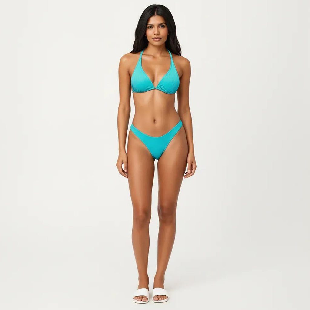 Anna-Kaci Women's 2-Piece Ribbed Triangle Bikini Set with Halter Top and High Cut Bottom
