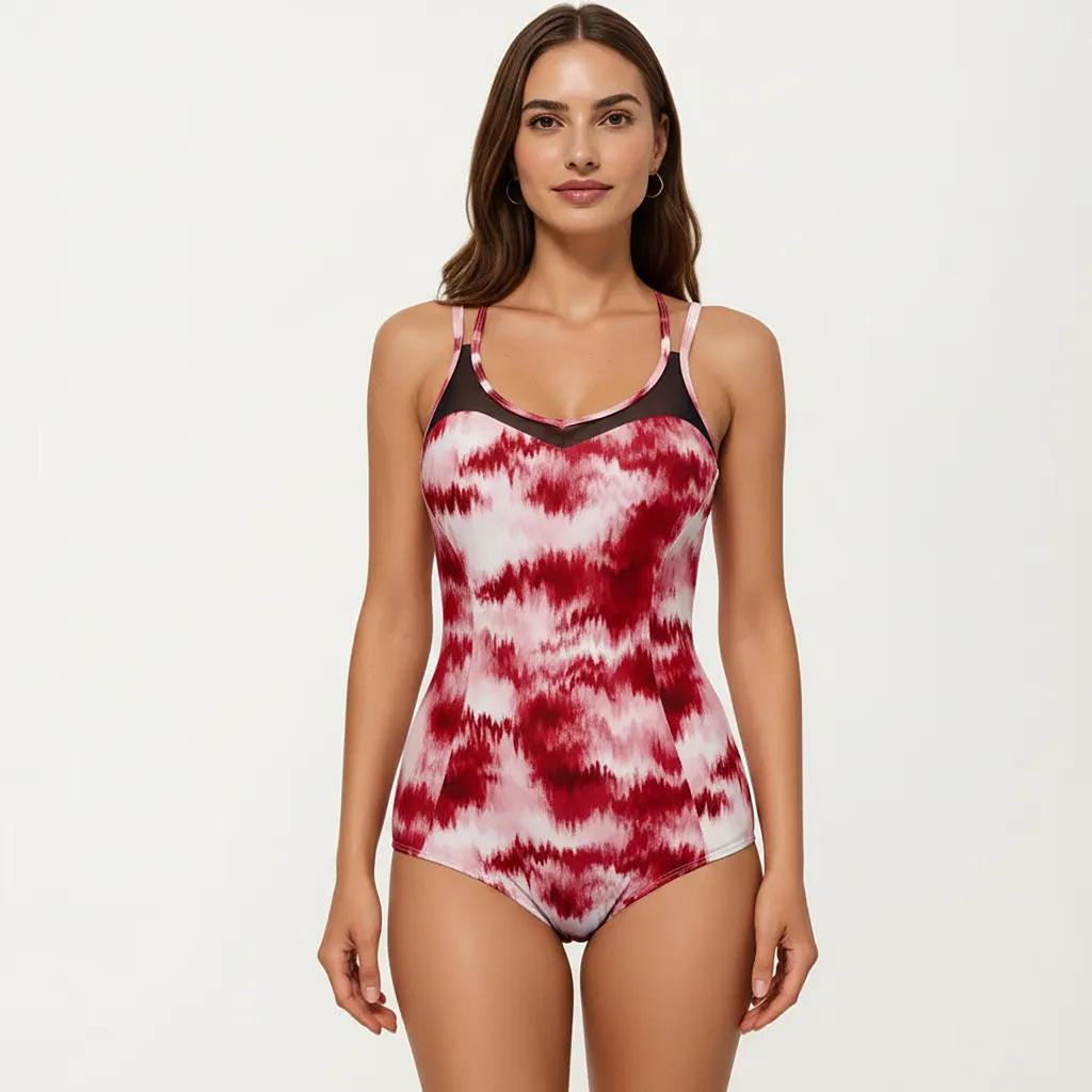 Anna-Kaci Women's Tie Dye One Piece Swimsuit with Mesh Sweetheart Neckline and Racerback Straps