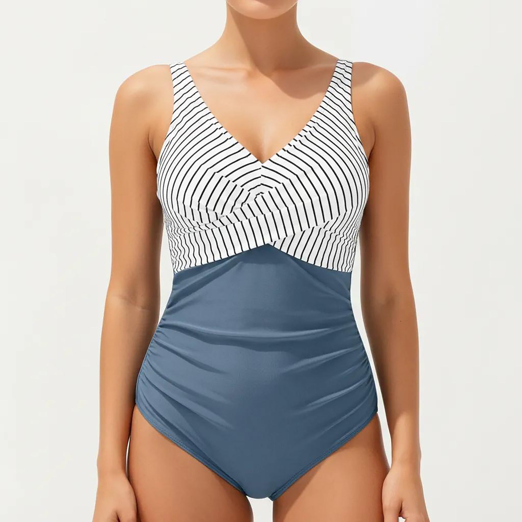 Anna-Kaci Women's Striped Wrap Front One Piece Swimsuit with V-Neckline and Smoothing Midsection Panel