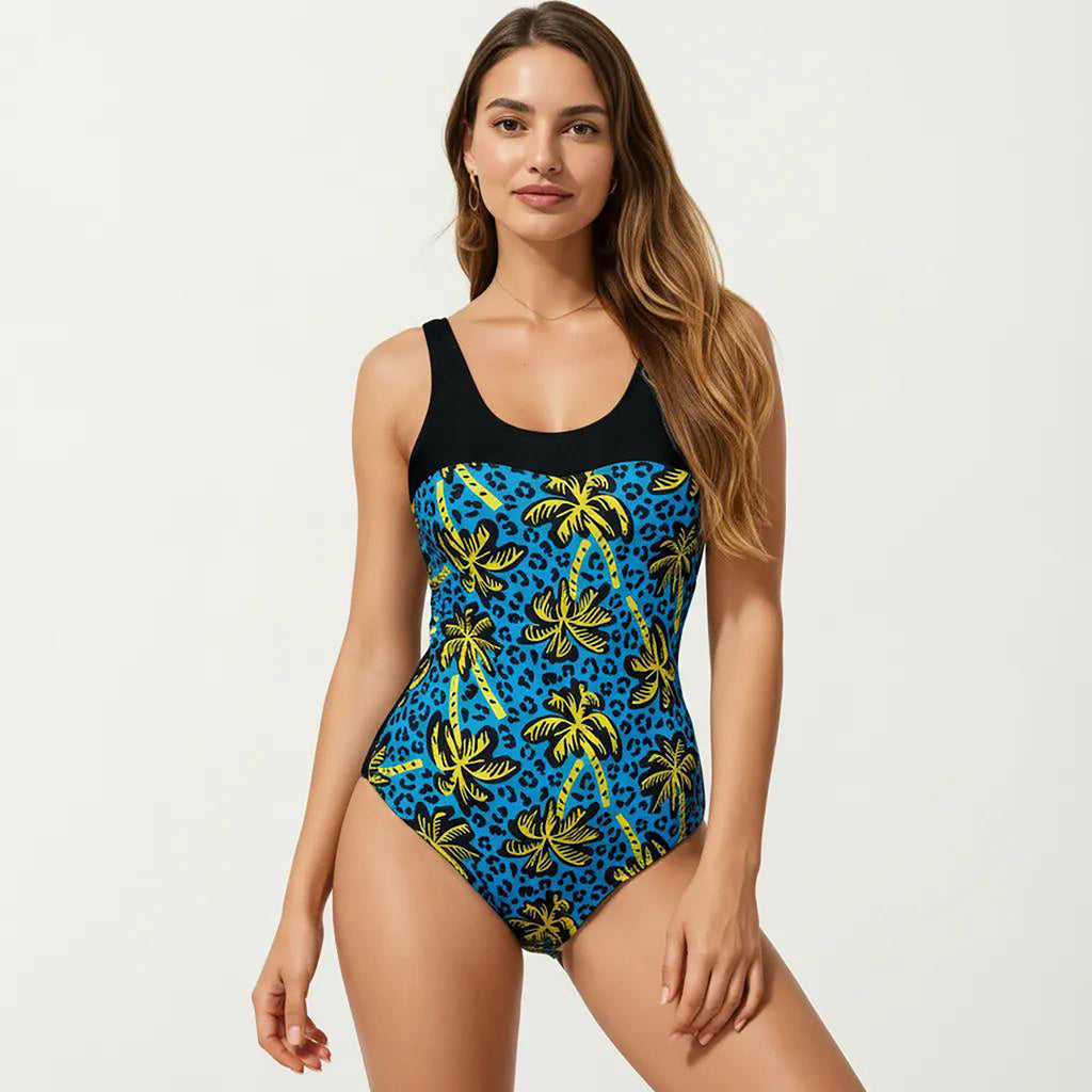 Anna-Kaci Women's Palm Tree Print One Piece Swimsuit with Scoop Neck and Contrast Upper Panel