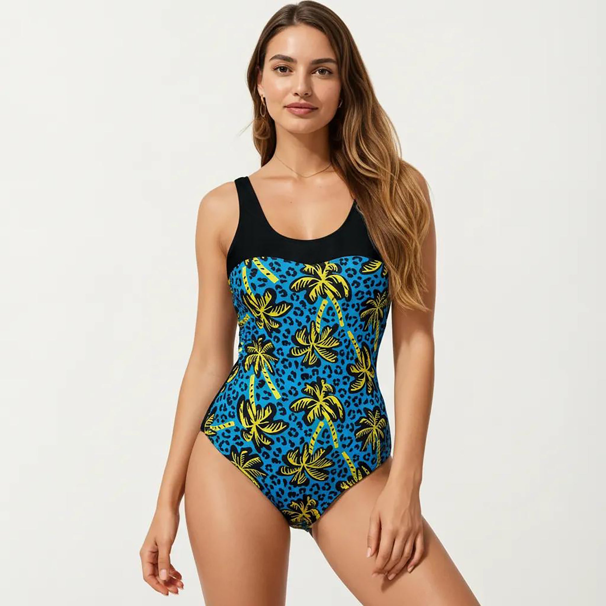 Anna-Kaci Women's Palm Tree Print One Piece Swimsuit with Scoop Neck and Contrast Upper Panel