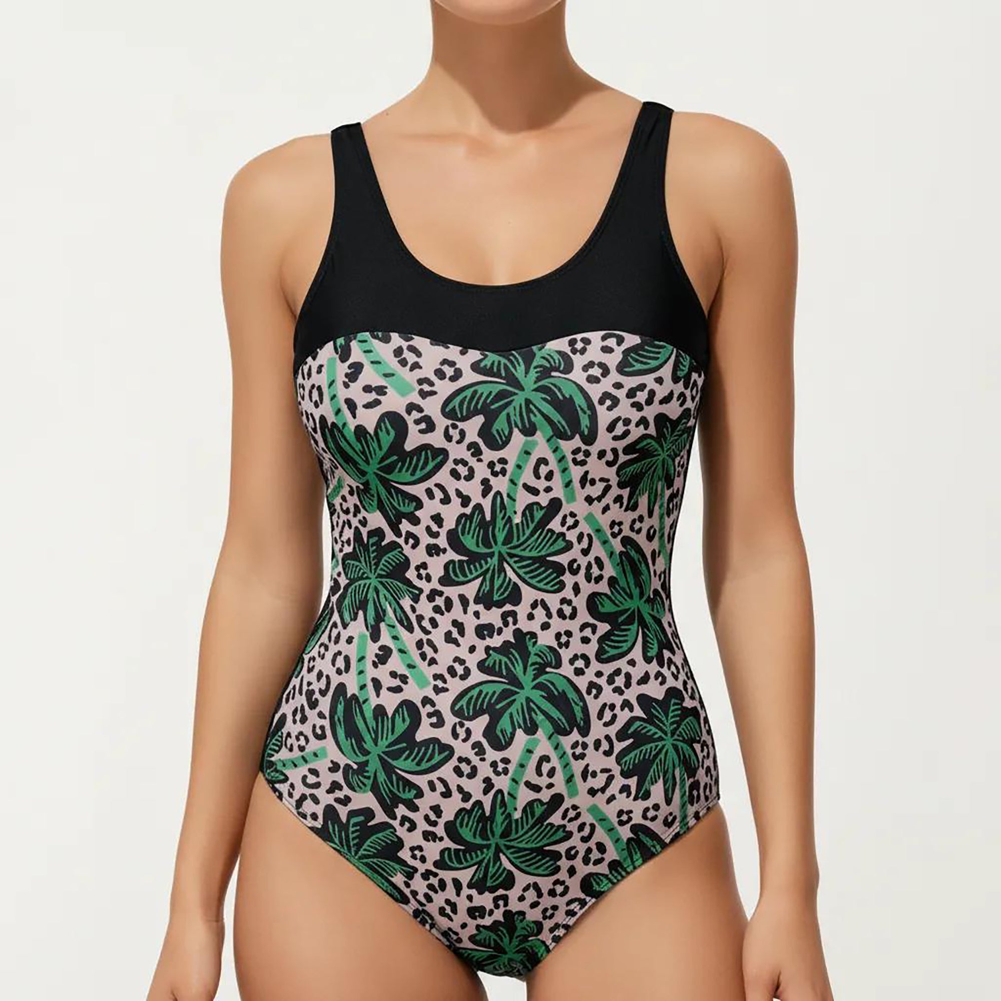 Anna-Kaci Women's Palm Tree Print One Piece Swimsuit with Scoop Neck and Contrast Upper Panel