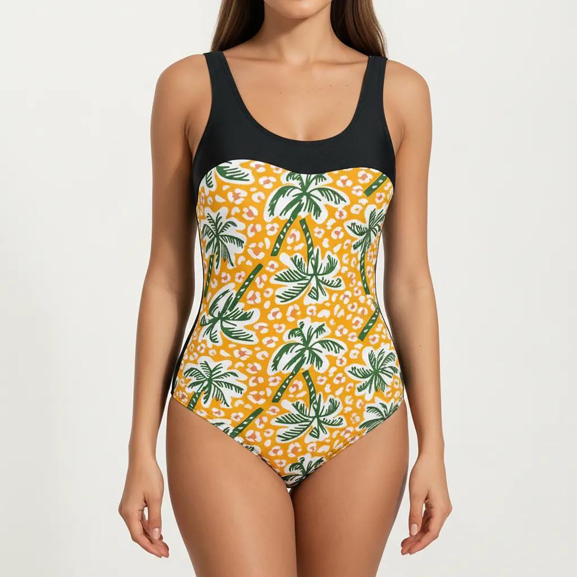 Anna-Kaci Women's Palm Tree Print One Piece Swimsuit with Scoop Neck and Contrast Upper Panel